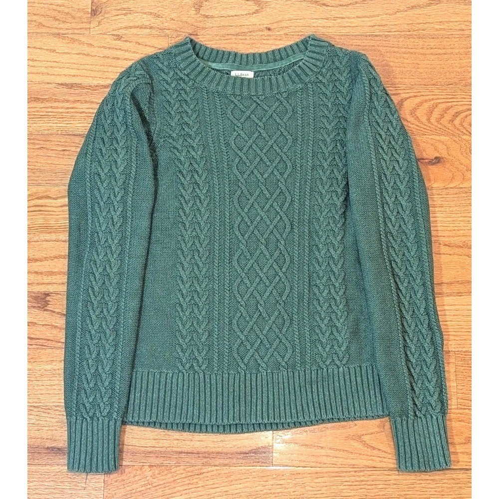 Irish Fisherman Cable Knit Sweater L.L.Bean XS Green 100% Cotton Cottagecore